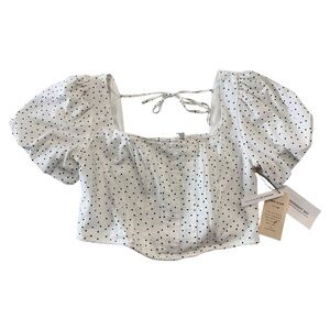 Midnight sky White w/black dots corset style crop puff sleeves & tie back L NWT